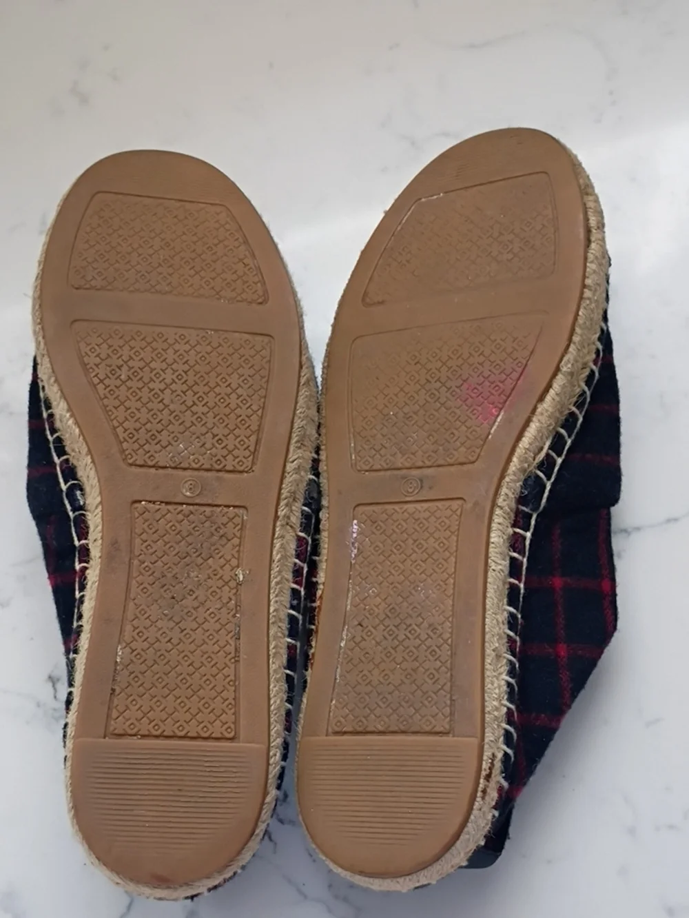 Tory Burch Navy and Red Plaid Espadrille Flats with Logo Toe